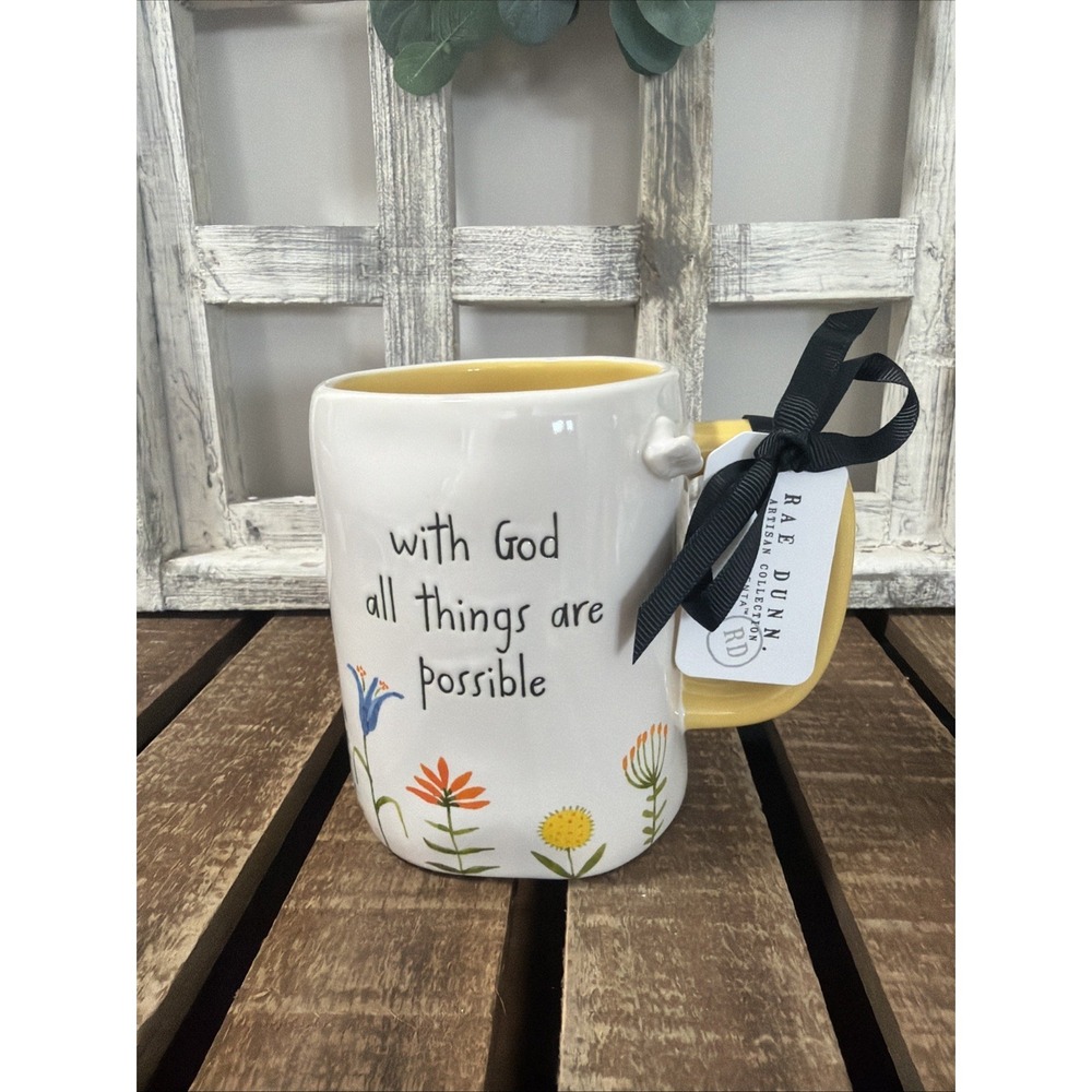 Rae Dunn White Ceramic Coffee Mug 'With God All Things Are Possible' 16 oz